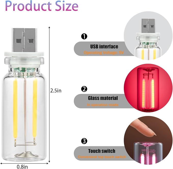 1 Pack Car LED Lights Interior, USB Light for Car Decor & Bedroom, Touch Dimmable Ambient Lighting, Mini Glass Bottle Night Light for Camping Gifts-Red - Image 2