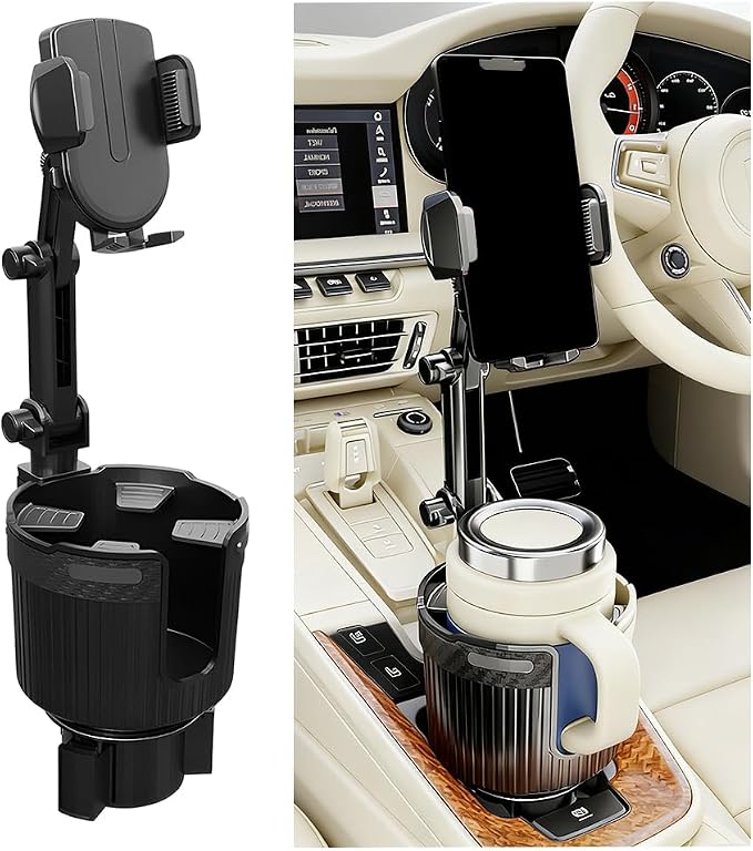 Adjustable Cup Holder Phone Mount 2-in-1 Vehicle Stand Black | Rotatable retractable base, abs construction, anti-slip pads, fits most cars, SUVs, and trucks, automotive accessories by Unknown