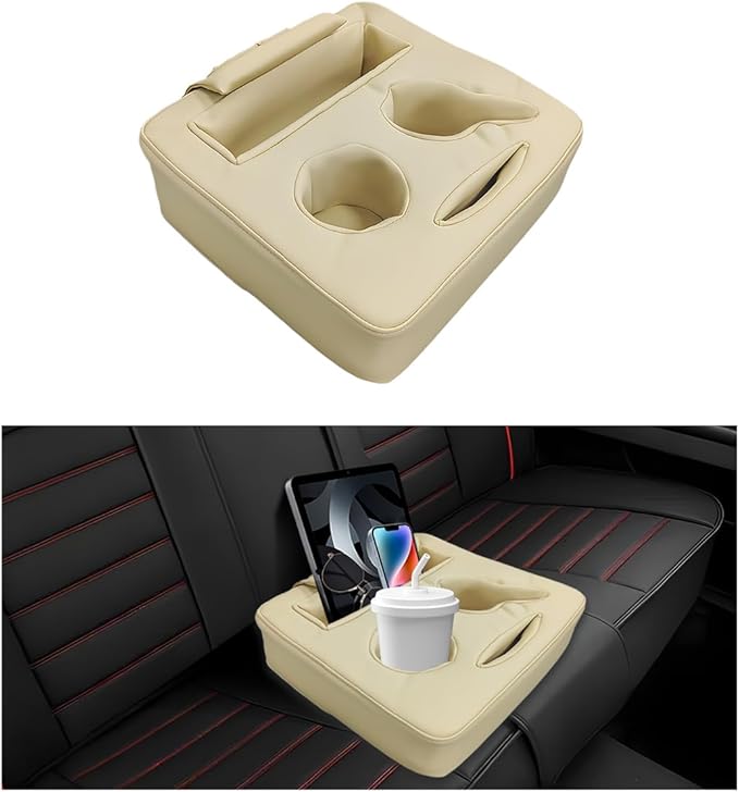 Car Back Seat Organizer, Leather Automotive Rear Seat Couch Cup Holder Expander Tray, Vehicle Cup Holder Tray Holds Snacks Remotes Phones for Truck RV Boat Couch Pillow Bed (Beige) by Unknown