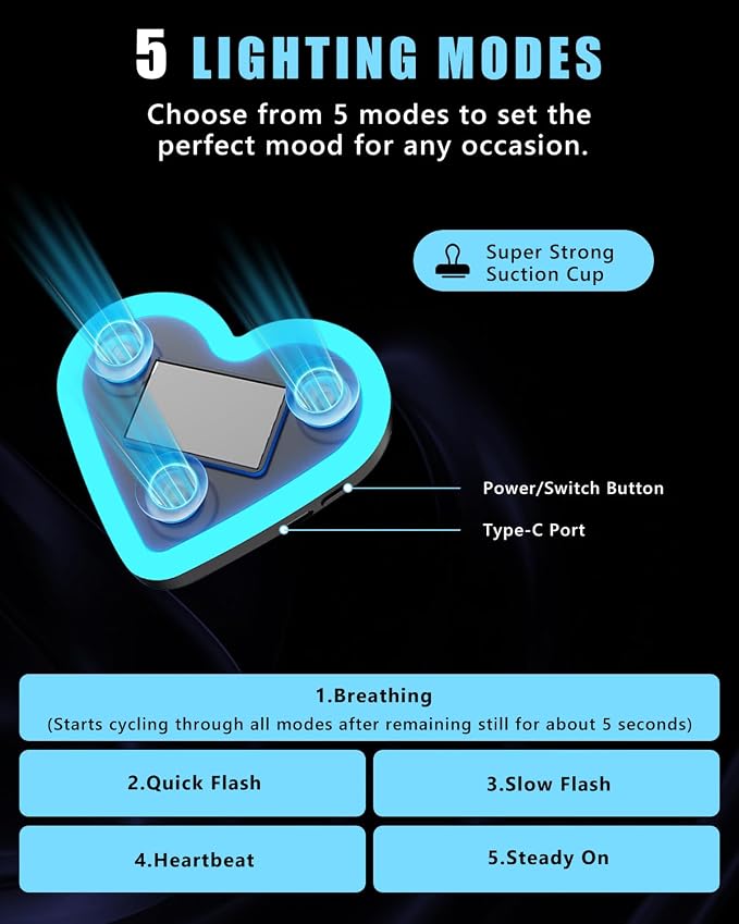 Car LED Ambient Light for Thanksgiving, Car Triangle Window Solar-Powered Heart Shaped Atmosphere Light with 5 Switchable Lighting Modes, Romantic Car Interior & Outdoor Decor (Ice Blue, 1pcs) - Image 3