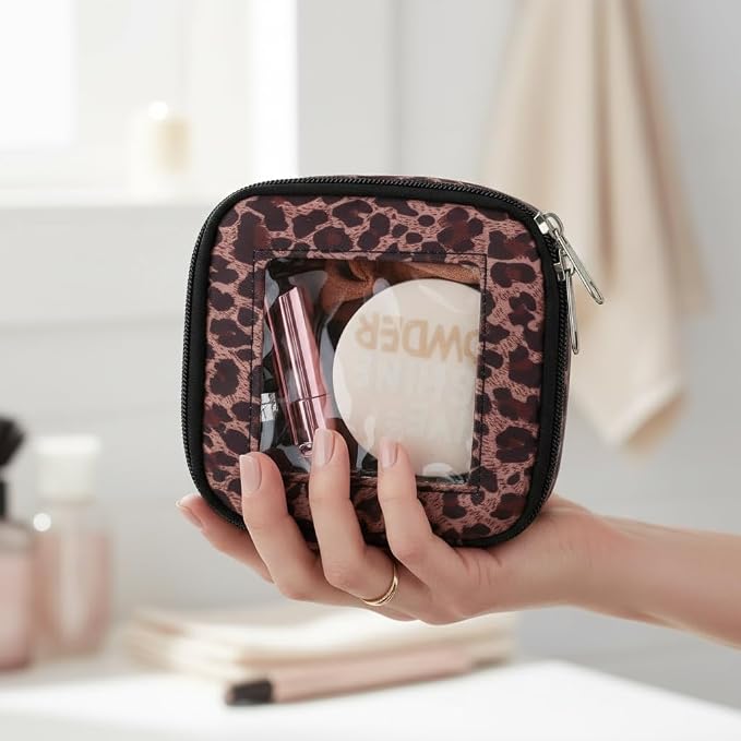 DOB SECHS Mini Leopard Makeup Bag for Purse 5.1'' x 5.1'' Small Makeup Bag for Car Cute Clear Cosmetic Bags with Zipper, Tiny Toiletry Bag Lipstick Organizer Pouch Case Travel Essentials Storage Pouch - Image 3