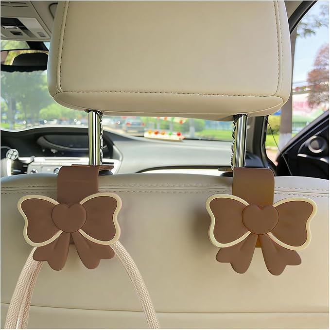 2PCS Car Seat Headrest Hook, Cute Bow Vehicle Backseat Storage Hanger Purse Handbag Organizer, Automotive Interior Seat Back Hook Holder for Umbrella Hat Bag, Universal for Vehicles (Brown) - Image 6