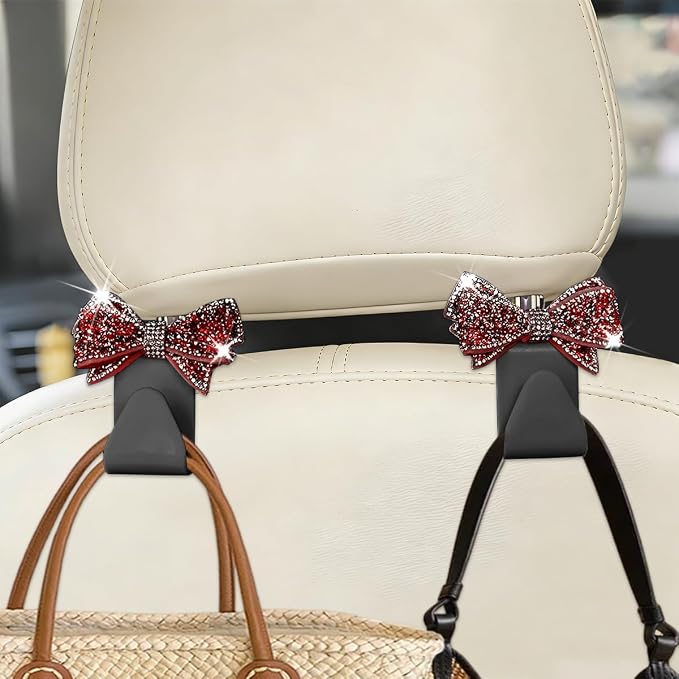 Zpana Bling Car Headreat Hook, 2PCS Crystal Rhinestone Cute Bow Vehicle Seat Back Hanger Storage for Purses Bags Grocery, Diamond Auto Rear Seat Organizer, Universal for SUV Truck Sedan (Red) - Image 6