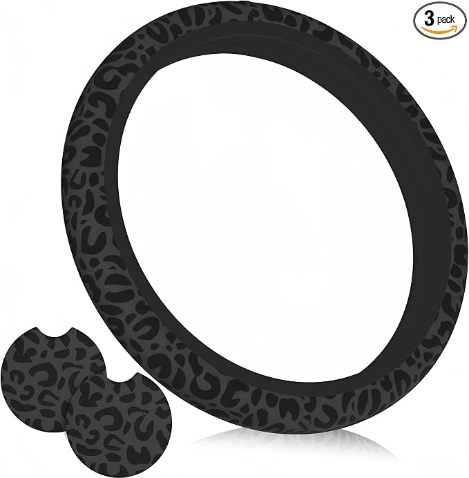 Black Leopard Print Steering Wheel Cover14-15In + 2 Pieces Car Coasters | Anti-Slip Breathable Cheetah Animal Print Car Wheel Cover Accessories for Women,Universal by Unknown