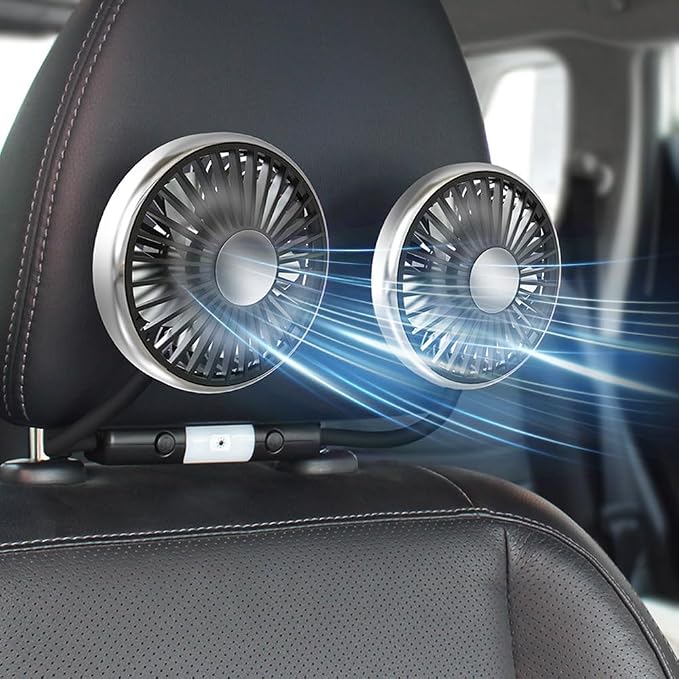 Car Fan for Backseat Kids, Dual Back Seat Fans for Kids Independently Controlled Heads,CollocationLED light,3-Speed adjust And 360°Rotatablehose, Portable USB car cooling fan For Vehicle,SUV,RV by ERKEQN