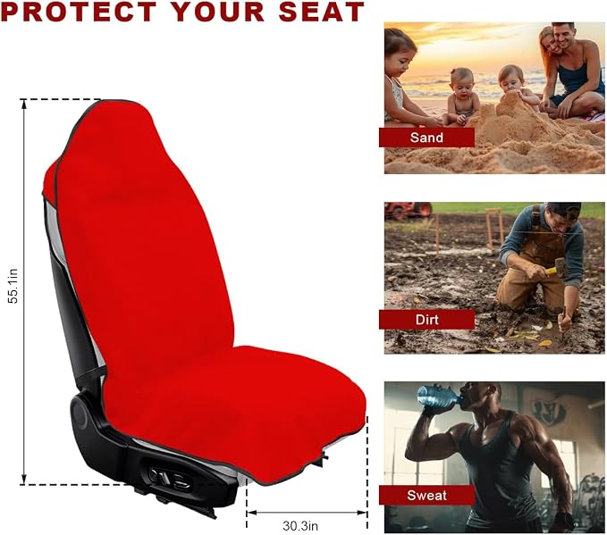 Car Towel Seat Cover, Waterproof Non-Slip Front Seat Protector for Post Gym Workout Beach Hiking, Sweatproof Washable Bucket Seat Protective Cover for Car SUV Truck Sedan (Red) - Image 2