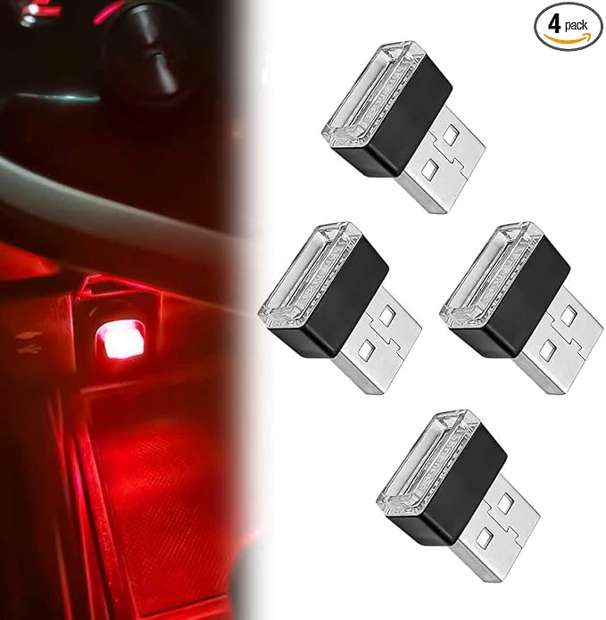 4 PCS USB LED Car Interior Ambient Lighting Kit, Portable Plug-in Atmosphere Lamp Decor Night Light, Universal Vehicle Interior Accessories for Most Cars (Red) by Unknown