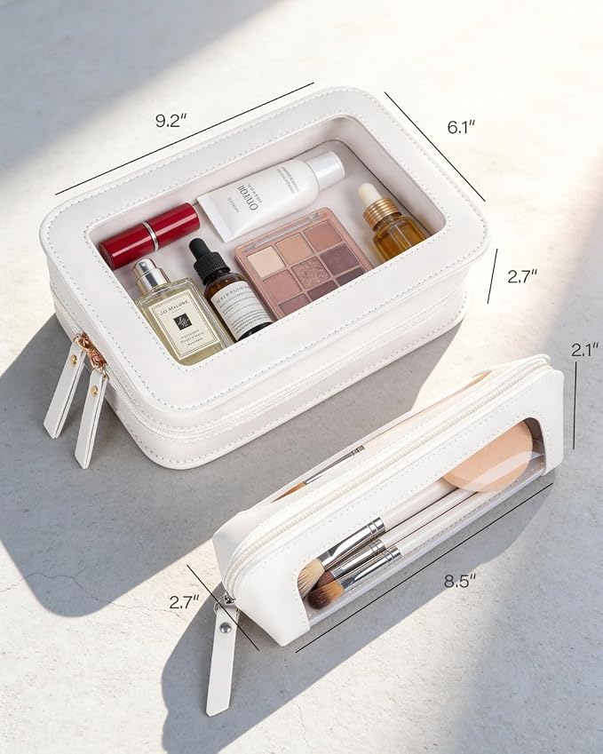 2 PCS Clear Makeup Bags Set,Waterproof PU Leather Travel Cosmetic Bags, Transparent Toiletry Bag Organizer with Zipper, Portable Makeup Brush Case Pouch for Women Girls Travel Daily Use (White) - Image 7