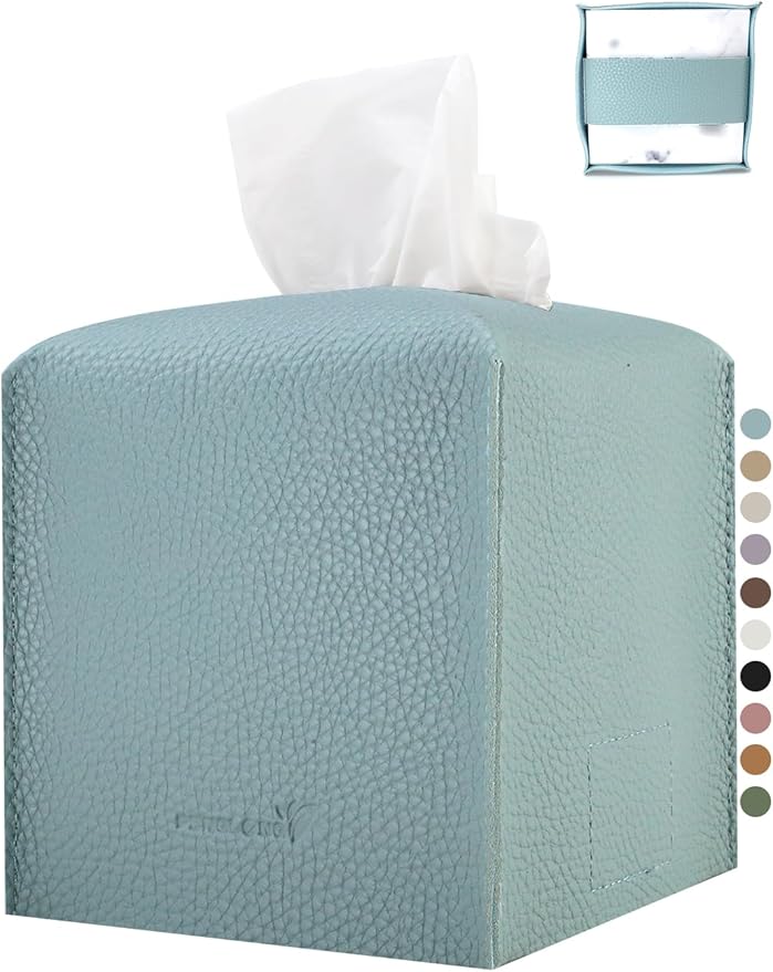 Tissue Box Cover 5X5X5'' PU Leather Tissue Holder Square Tissue Cube Box Organizer for Bathroom Vanity Countertop, Car, Night Stands, Office, Home, Kitchen (1Pack, Light Blue) by PENGLONGHOMEDECORATION
