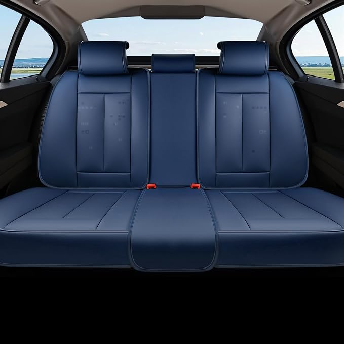 Coverado Rear Seat Covers for Cars, Back Seat Cover for Dogs, Faux Leather Car Seat Covers Backseat, Blue Car Seat Cushion, 3-Pieces Waterproof Universal Seat Covers for Cars Fit for Most Sedans SUV by COVERADOAUTO
