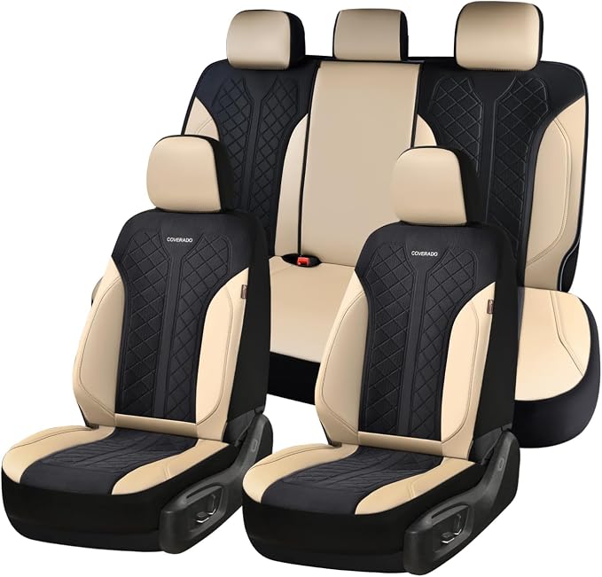 Coverado Seat Covers Full Set, Beige Car Seat Covers, PU Leather & Breathable Mesh Seat Protectors, 5-Piece Automotive Seat Covers, Universal Fit for SUVs, Trucks, Sedans by COVERADOAUTO