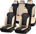 Coverado Seat Covers Full Set, Beige Car Seat Covers, PU Leather & Breathable Mesh Seat Protectors, 5-Piece Automotive Seat Covers, Universal Fit for SUVs, Trucks, Sedans by COVERADOAUTO