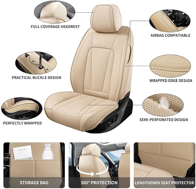 Front Seat Covers Custom Fit for Kia Optima 2001-2020,Beige | Luxury Faux Leather, Waterproof, Anti-Slip, Airbag Compatible, Breathable, Car Seat Protectors, 1 Row 2 Seats - Image 2