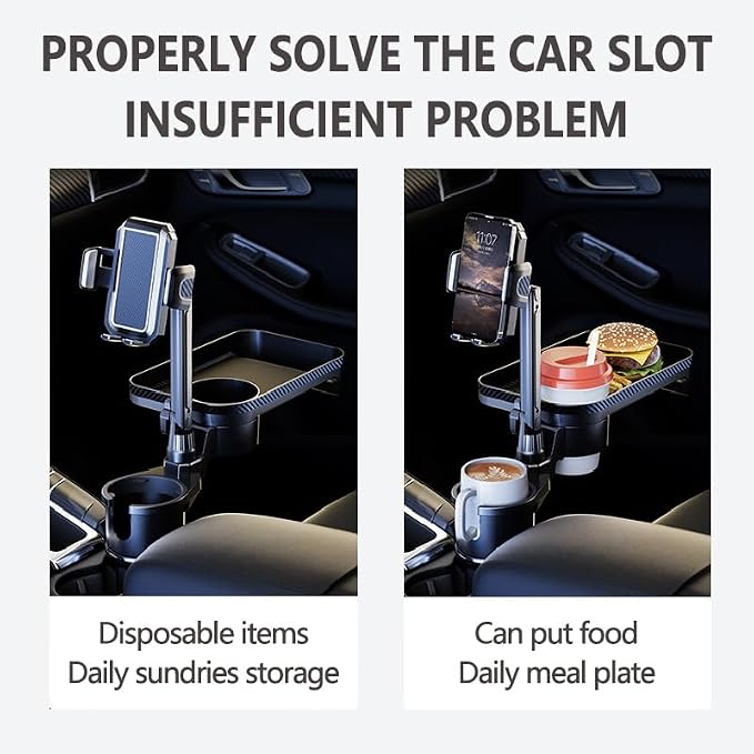4 in 1 Adjustable Car Cup Holder, 360° Rotate Tray Cup Holder Expander with Phone Holder, Cup Holder Insert Fits Yeti Hydro Flask 16-46 oz, Detachable Food Tray Table for Car Road Trip Essentials - Image 4