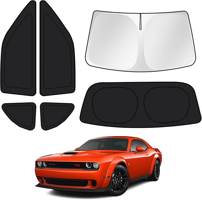 Canvcle Window Shades for 2015-2023 Dodge Challenger Accessories Windshield Sun Shade Side Rear Window Covers Sunshade Sun Visor Shield Privacy Protection for Camping Keep Vehicle Cool Black 6PCS by Canvcle