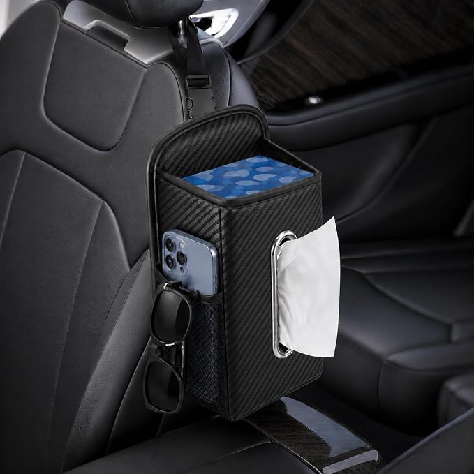 COZILO Leather Car Tissue Holder for Front & Back Seats, Car Tissue Box with 2 Side Mesh Pockets, Wide Metal Opening for Easy Pull, Fits 100–160 Count Rectangular Tissue Boxes, Carbon Fiber by Cozilo