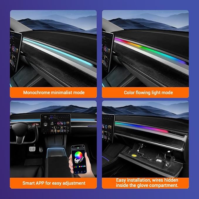 LED Car Ambient Lighting Strip for Tesla High Brightness with APP Control Multiple Colors and Car LED Strip Lighting Neon Lights for Model 3/Y (Dashboard& Center Console) - Image 3