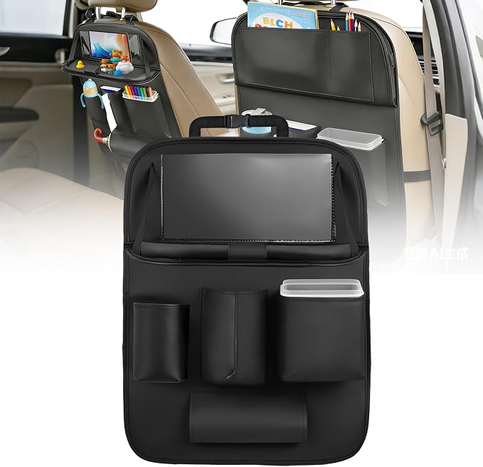 Nilight Car Seatback Organizer 1PC Black PU Leather Universal | Foldable Tray Tablet Holder Tissue Box Removable Bucket Waterproof Storage Bag for Cars Vans SUVs MPVs Pickup Trucks by Nilight