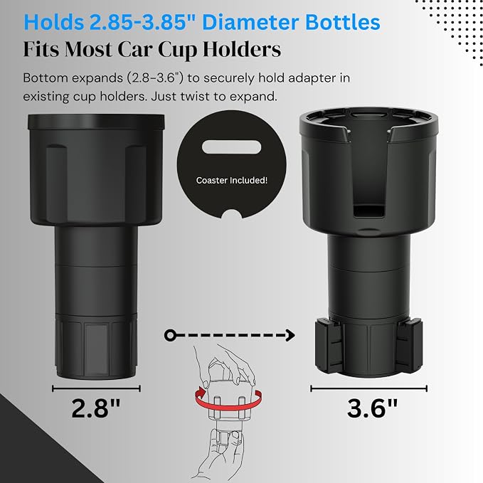 Car Cup Holder Expander (Long Base) - Adjustable Expandable Insert Extender, Automotive Adapter Holds Hydro-Flask, Yeti, Nalgene, Large (32 40 oz) Water Bottles, Big Drinks - Universal - Image 5
