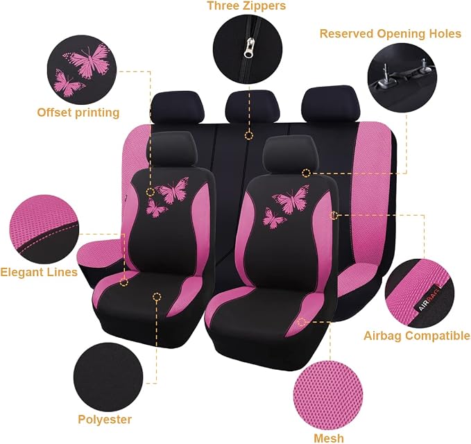 Flying Banner Butterfly car seat Covers ful Set Fashion Universal Lady Woman Female Rear Bench Split Colorized (Full Set, Pink) - Image 2