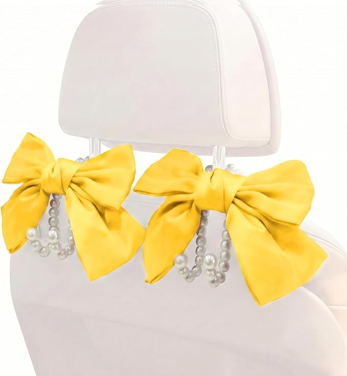 2PCS Satin Bow Pearl Car Seat Headrest Hooks – Car Bag Holder & Vehicle Hanger for Purses – Cute Coquette Aesthetic Interior Decoration – Cute Auto Organizer Accessories Universal (Sunshine Yellow) - Image 9
