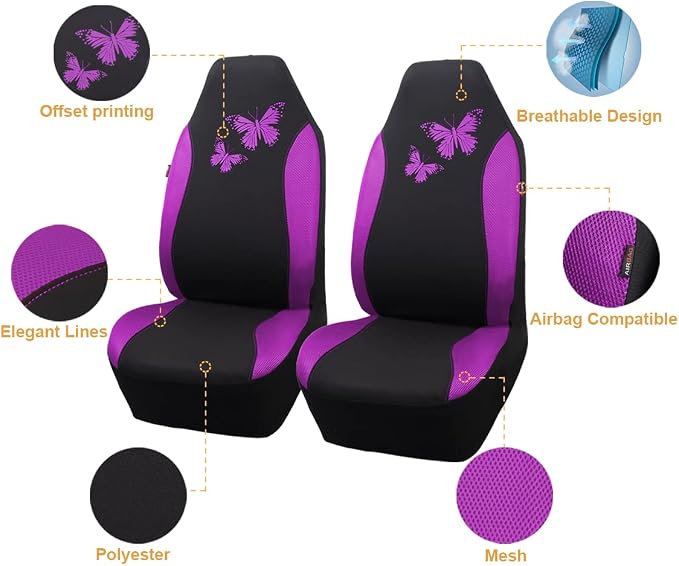 Flying Banner Butterfly car seat Covers ful Set Fashion Universal Lady Woman Female Rear Bench Split Colorized (2 Fronts, Purple) - Image 2