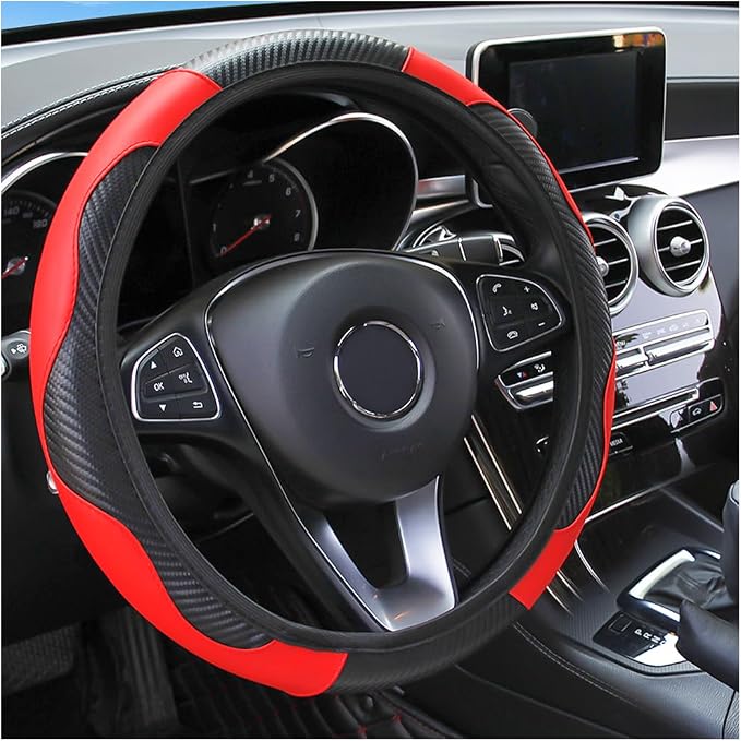 Osilly 15 Inch Carbon Fiber PU Leather Steering Wheel Cover, Red | full-wrap protective surface, flexible ringless design, hand-stretch setup, fits matching rim sizes, automotive accessories by Osilly