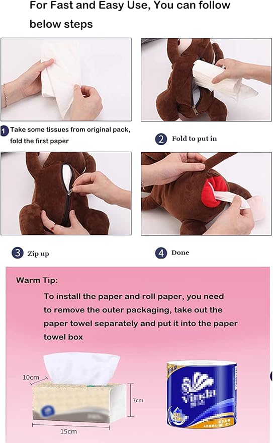 Elephant Tissue Box Cover Plush Tissue Box Holder for Car, Home, Decorative Holder/Organizer for Bathroom Vanity Countertop, Nightstands, Office Desk-Pig - Image 3