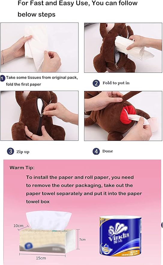 Elephant Tissue Box Cover Plush Tissue Box Holder for Car, Home, Decorative Holder/Organizer for Bathroom Vanity Countertop, Nightstands, Office Desk-Dog - Image 4