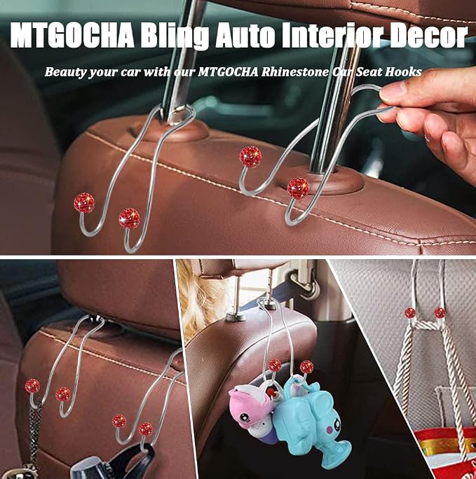 Bling Purse Hook for Car Headrest, Cute Car Seat Hooks (2Pack) | Upgraded,Durable Stainless,Car Purse Hanger,Purse holder,Rhinestones,Bag Hooks,Car Hooks for Purses and Bags Cute,Red - Image 7