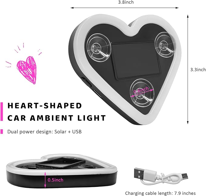 Sun Walker Heart-Shaped Car LED Ambient Light, Solar-Powered Love Heart Lamp Vehicle C-Pillar Atmosphere Light, Vibration-Sensing Triangle Window Lights Car Interior Decoration (Ice Blue) - Image 2