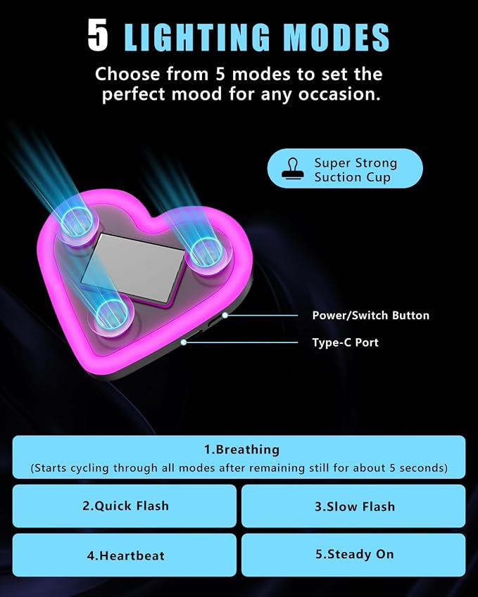 Car LED Ambient Light for Thanksgiving, Car Triangle Window Solar-Powered Heart Shaped Atmosphere Light with 5 Switchable Lighting Modes, Romantic Car Interior & Outdoor Decor (Pink, 1pcs) - Image 3
