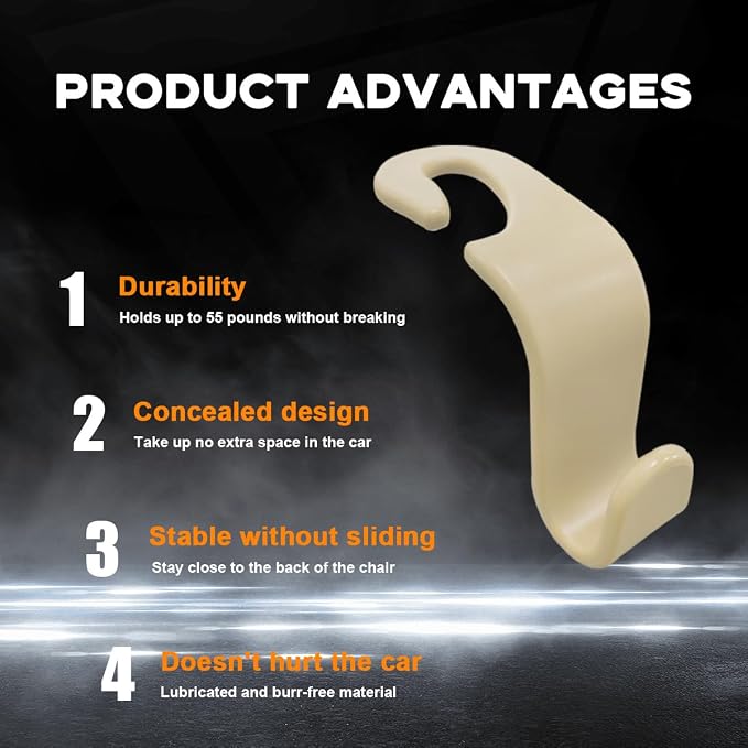 povtii 4PCS Car Seat Headrest Hook, Auto Back Seat Hanging Storage Organizer, Vehicle Seatback Hanger Holder for Purse Handbag Coat Umbrella, Universal Interior Car Accessories (Beige) - Image 3