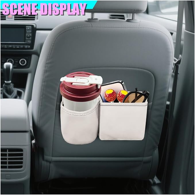Car Side Door Organizer, Leather Auto Back Seat Storage Pouch with Cup Holder, Car Console Side Trash Can, Universal Vehicle Interior Organizer Pocket for Phone, Coin, Sunglasses (White) - Image 3