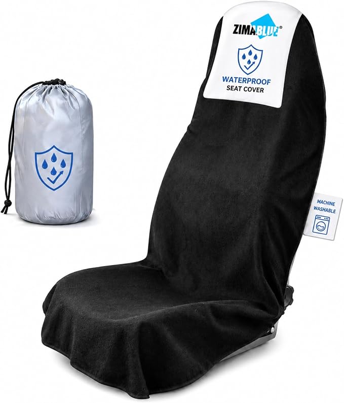 ZIMABLUE 1PC Waterproof Towel Car Seat Cover - 525g Heavy Duty 3-Layer Microfiber Sweat Protector for Bucket Seats - Non-Slip Machine Washable Universal Fit for Gym, Yoga, Beach, Pets & Outdoors-Black by ZIMABLUE