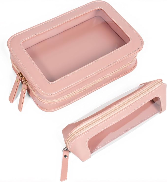 2Pack Clear Makeup Bags Set, Clear Pencil Case Pouch,Portable Leather Travel Toiletry Bag Pink Car Accessories for Women - Image 9