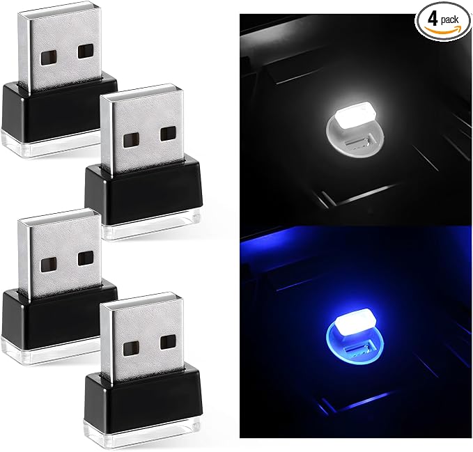 Sun Walker 4 PCS USB LED Car Interior Atmosphere Lamp, Plug-in USB Interface Trunk Ambient Light LED Decoration, Mini Portable Interior Night Lighting Kit for Most Vehicles (White+Ice Blue) by Unknown