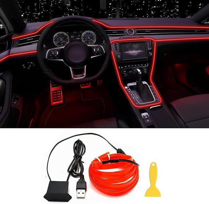 EL Wire Interior Car LED Lights, 16.5FT USB Ambient Lighting Strip, Red | Neon Glowing Strobing Electroluminescent Wire, 6mm Sewing Edge, Inside Car Lighting Accessories by QVEVDACAR