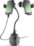 Dual Coil Cup Phone Mount Wireless Charger, Universal Cell Phone Holder, Cup Holder 15W Fast Charging for iPhone 17 16 Pro Max, Samsung Galaxy - Black by TOPGO