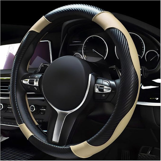 povtii Car Steering Wheel Cover, 15 Inch Leather Breathable Auto Steering Wheel Protector, Comfortable Non-Slip Vehicle Steering Wheel Covers, Universal Car Accessories (Beige, with Lining) by povtii