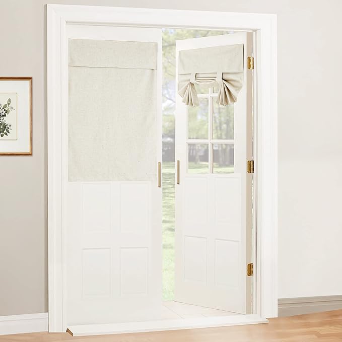 RYB HOME Natural Linen Textured French Door Window Curtains 100% Blackout | Self Adhesive, Thermal Insulated Privacy Energy Saving, Shades for Nursery Office Patio Glass Door, W34 x L40, 1 Panel by RYBHOME