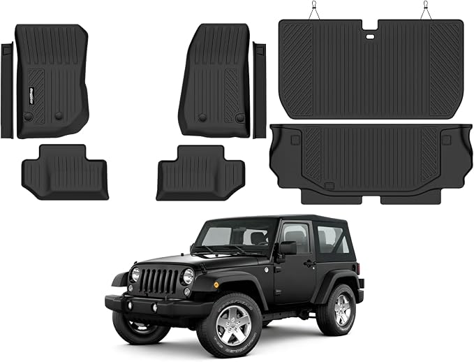Floor Mats for 2007-2013 Jeep Wrangler JK 2-Door Accessories | (Not for 4 Door) Trunk Mat & Backrest Protector & Door Sill Guard All Weather TPE Full Set Interior Floor Liners by Bingoliner