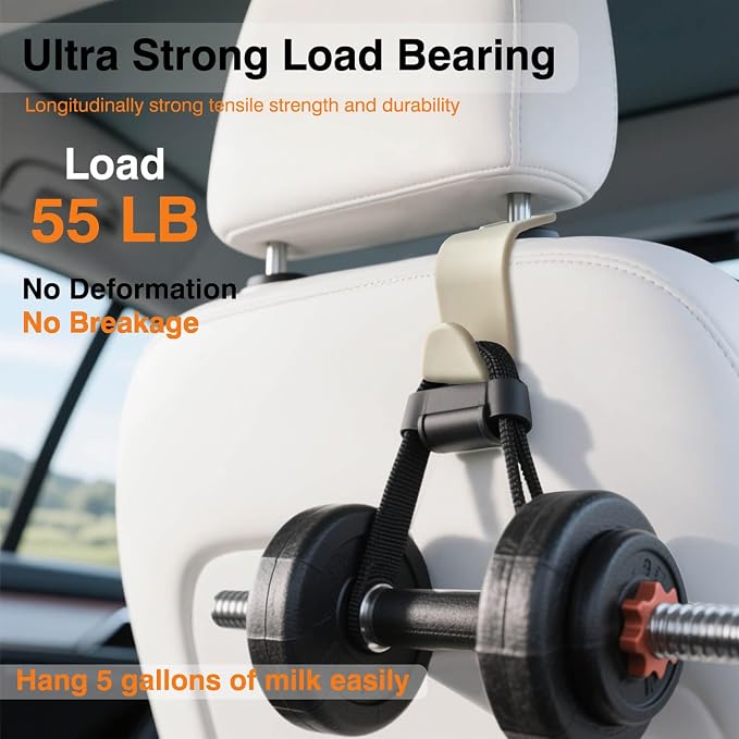 4-Pack Car Seat Hooks - 55 lb Each, Fits 0.32-0.55 in Headrest Rods | Purse holders; PP construction; tool-free setup; 360° swivel; beige; for groceries, backpacks, gym bags, and baby gear - Image 5