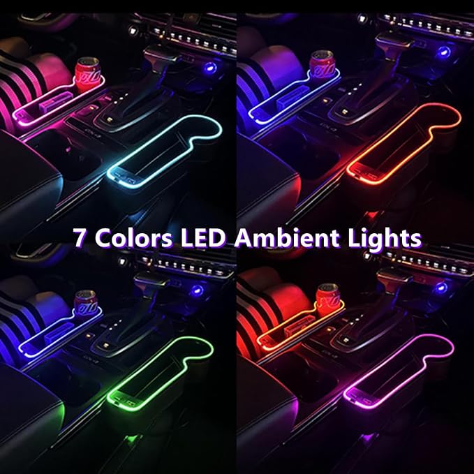 7 Color Led Car Seat Gap Organizer with Type C USB Charging 2 Pack | 56W Cigarette Lighter Adapter,Center Console Seat Gap Filler with Cup Holder,Front Seat Organizer Atmosphere Lamp (Black) - Image 5