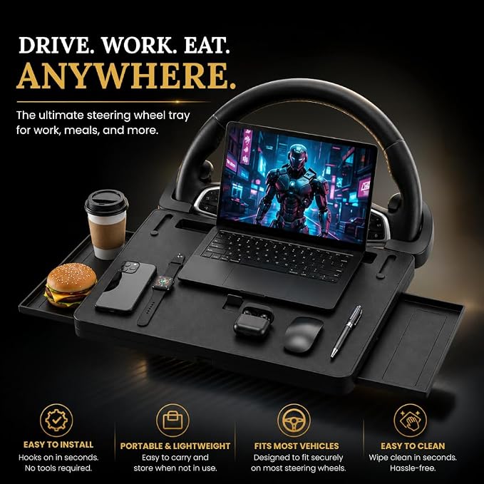 3-in-1 Steering Wheel Tray, Car Desk for Laptop, Food Tray for Eating & Work, Adjustable Car Table with Drawer & Anti-Slip Design, Multipurpose Travel Car Accessories - Image 4