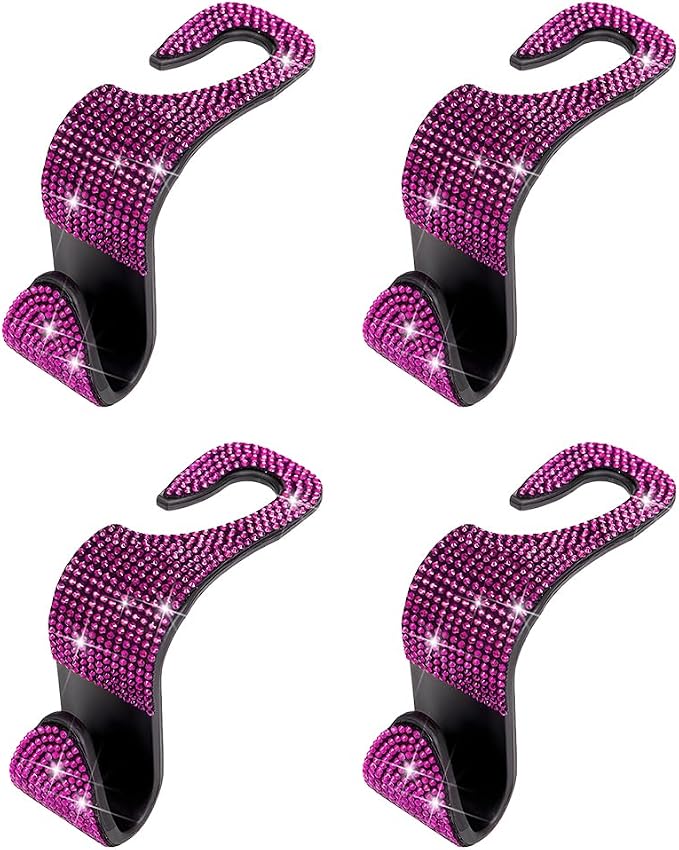 4PCS Bling Car Seat Headrest Hooks, Crystal Rhinestone Vehicle Back Seat Hanger Holder, Auto Interior Headrest Hanging Storage Organizer for Purse Handbag Coat, Universal Fit (Black/Pink) - Image 7
