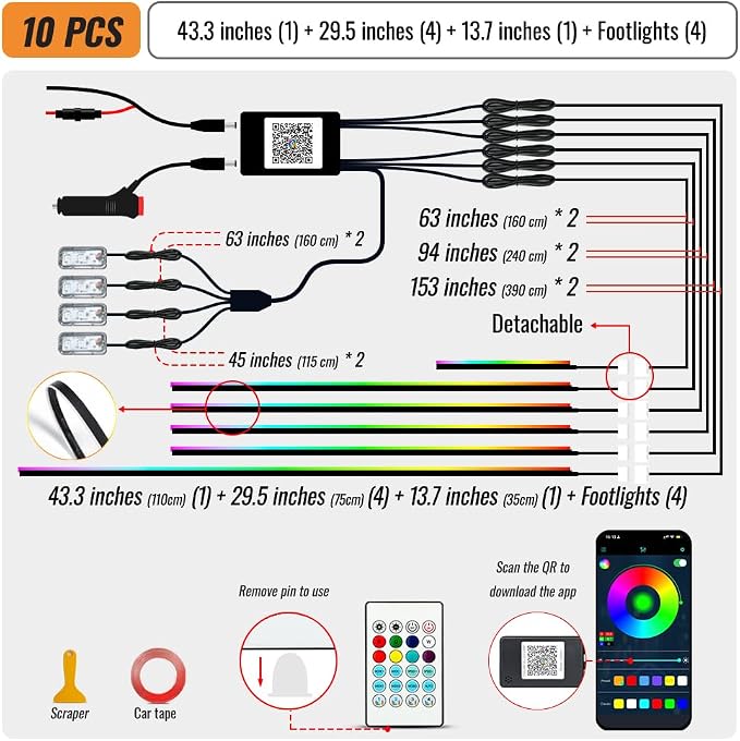 Ambient Lighting Car Led Lights Interior Kit,10 in 1 RGB Music Sync Acrylic Led Lights for Car Interior,175 inches Fiber Optic Neon Accent Strip Night Ambiance Footwell Lighting with Wireless APP - Image 5