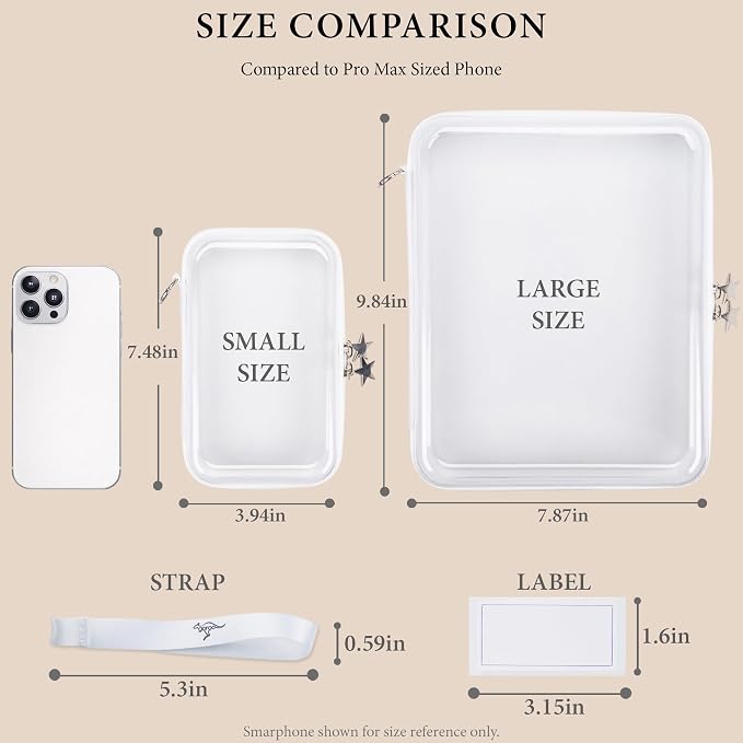Clear Hard Shell Zipper Case Set (1Large + 2Small), 120s Thick PET Plastic Storage Bags, Dual Zipper Travel Organizer with Star Charms, Removable Strap, Removable Labels & 2 Markers - Image 3