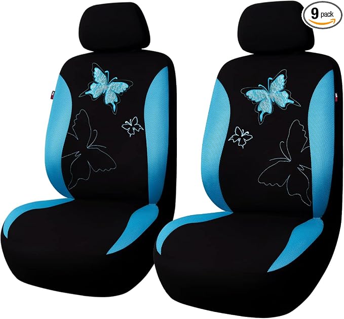 Flying Banner Butterfly car seat Covers ful Set Fashion Universal Lady Woman Female Rear Bench Split Colorized (Mint Blue, 2 Fronts - Lace) by FlyingBanner