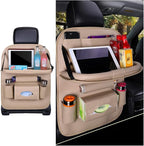 Leather Seat Back Organizer with Foldable Table Tray, Beige | kick-mat function, rear-seat protective surface, multifunctional use, fits most cars SUVs and trucks, interior item by Unknown